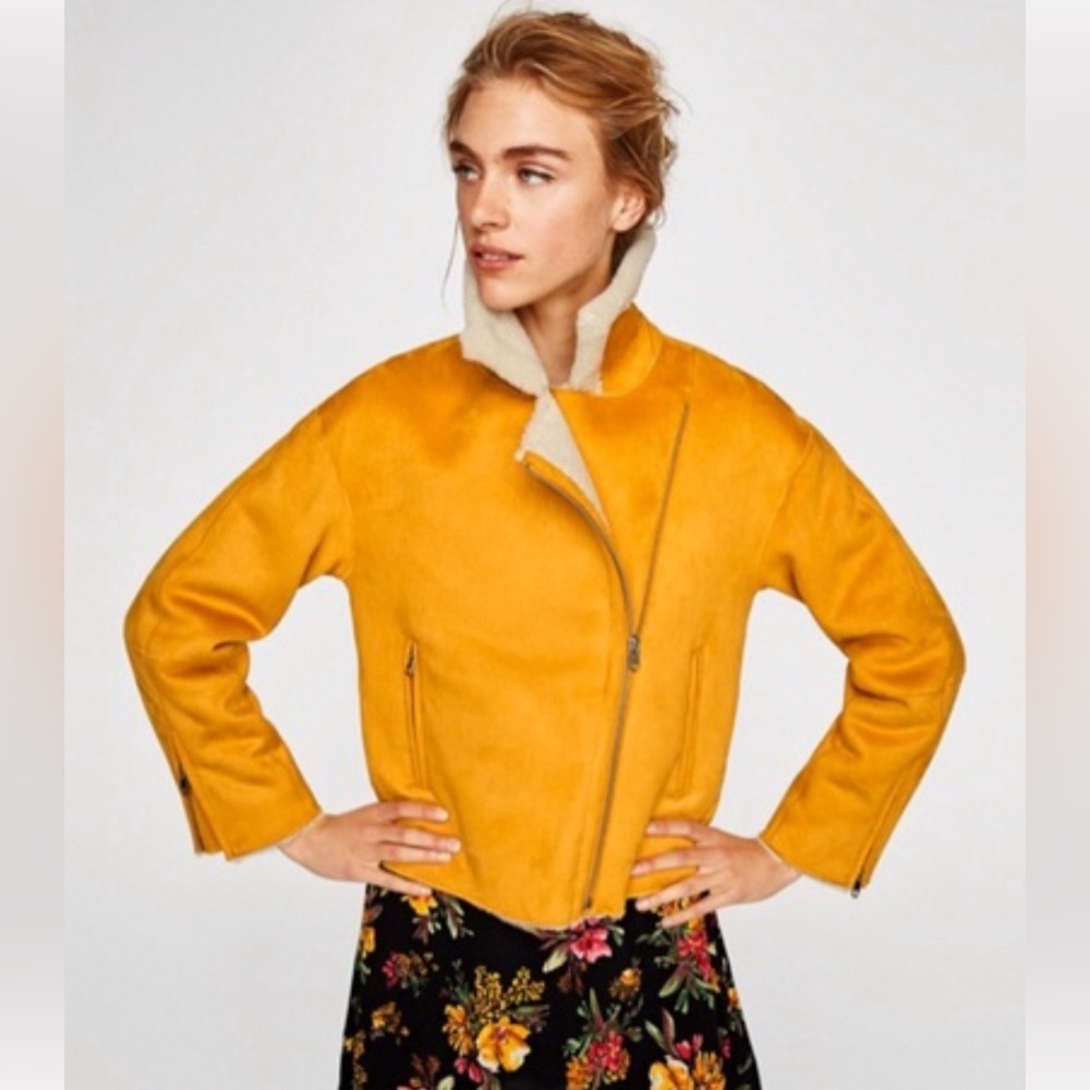 Zara trendy sherpa mustard yellow biker jacket hard to find - Picture 2 of 10